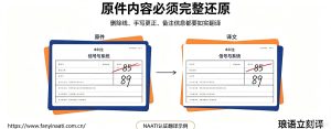 NAATI 认证翻译规范示例,成绩单原件的手写修改内容必须完整翻译,不可随意删减文字